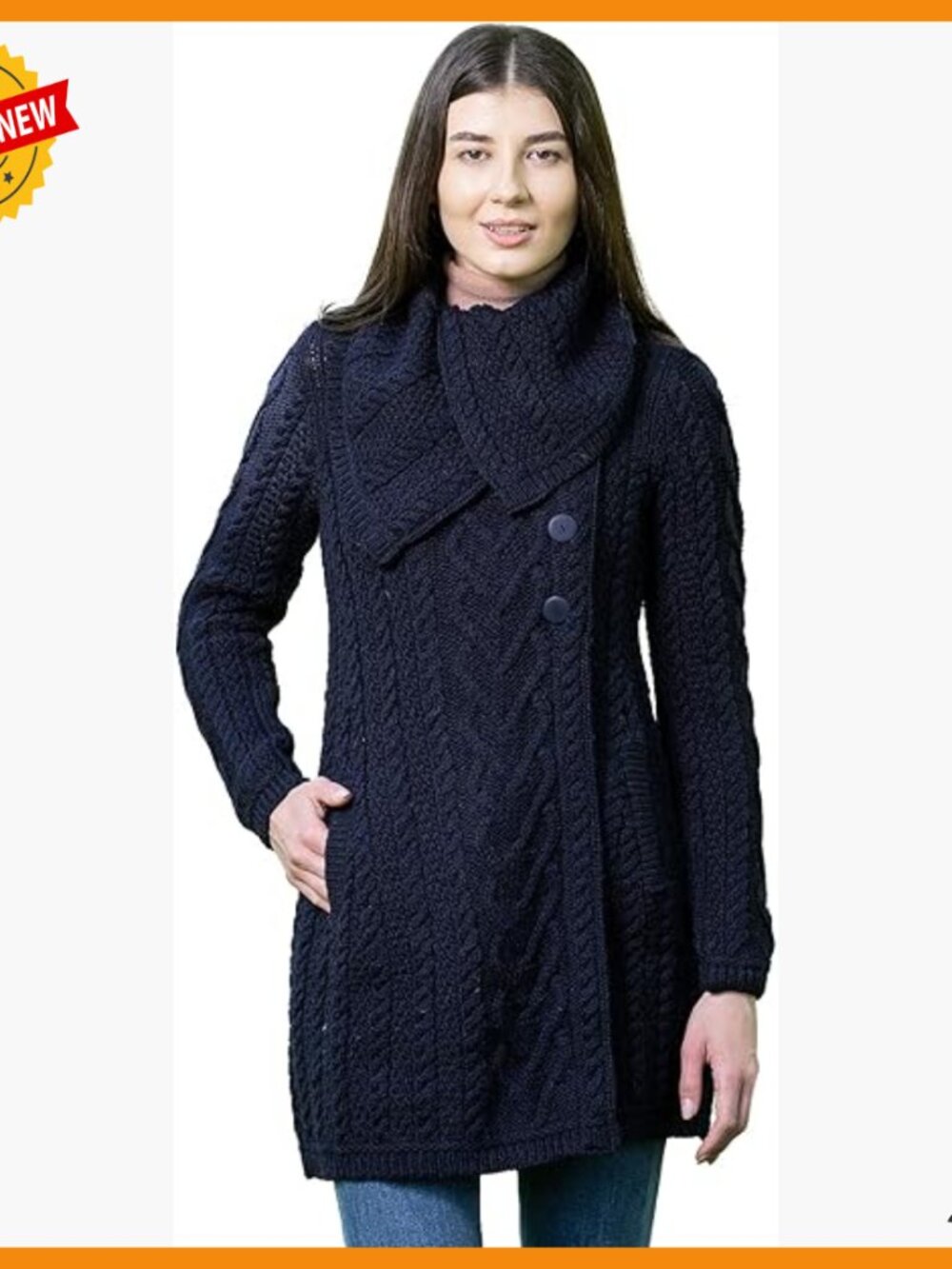 Long Merino Wool Cardigan Coat with Cable Knit and Pockets